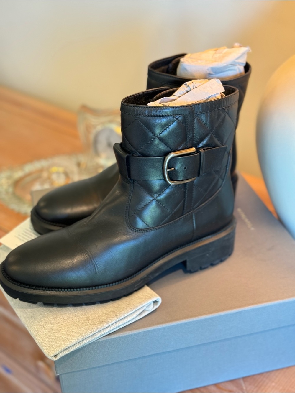 Aquatalia Black Quilted Leather Buckle Ankle Boots - Women